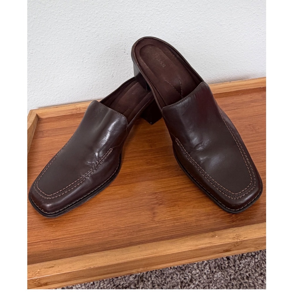 Bass Ceecee Brown Leather Square Toe Block Heel Mules 9.5M 621020A-206 Preppy - Picture 3 of 16